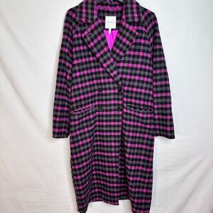 AVEC LES FILLES Pink Grey Plaid Walker Double Breasted Wool Long Coat Small EUC